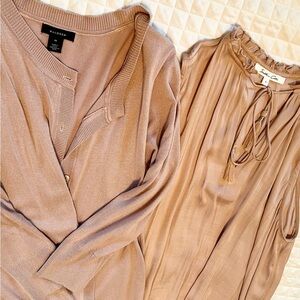 Dusty rose color set, cardigan and sleeveless silky blouse.